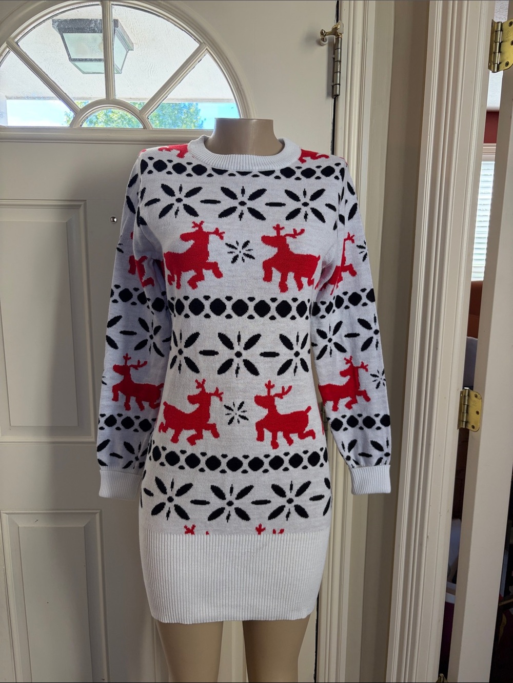 Tipsy Elves White and Red Reindeer Knit Sweater Dress, med
